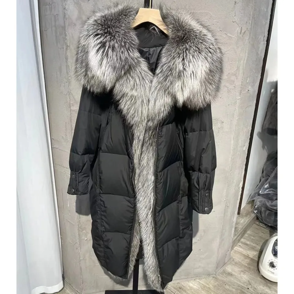 2024 Skutočné kožušiny Ženy Zimné strieborné líšky Fox Collar White Goose Down Bunda Dlhá hustá teplá luxusná parka žena Outwear