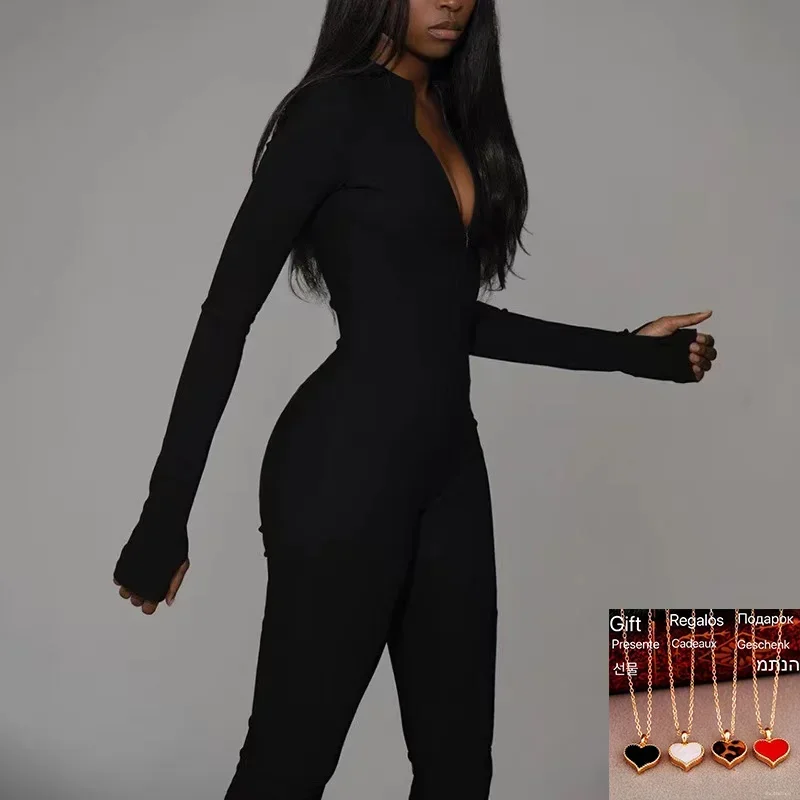 2024 Solid Bodycon Consumsuit Women Sporty Rompers Summer New Fitness s dlhým rukávom zips elastický jeden kus elegantného čierneho bodyit