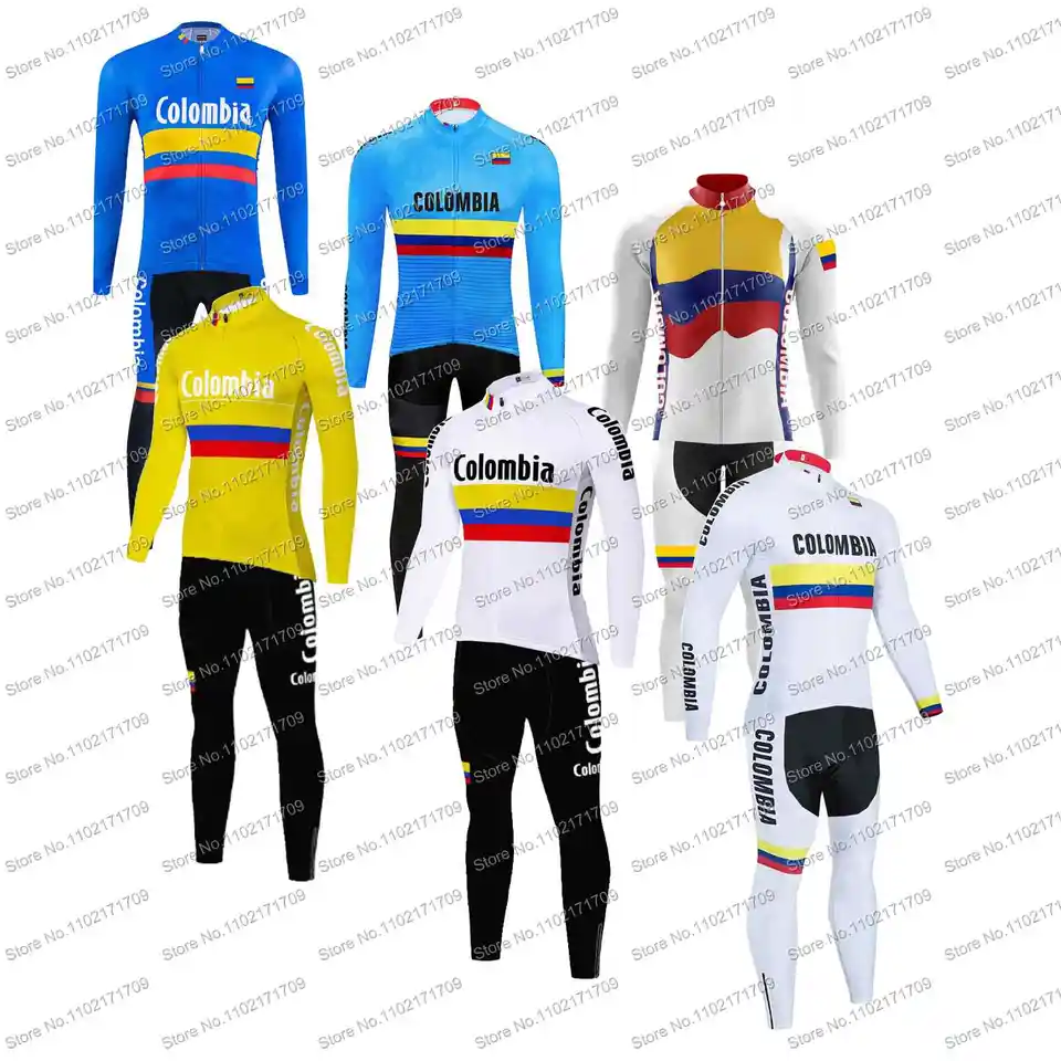2024 Spring a jesenná Kolumbia vlajka Cyklistický dres Set biely pánsky a dámske cyklistické oblečenie modré oblečenie s dlhým rukávom na bicykli