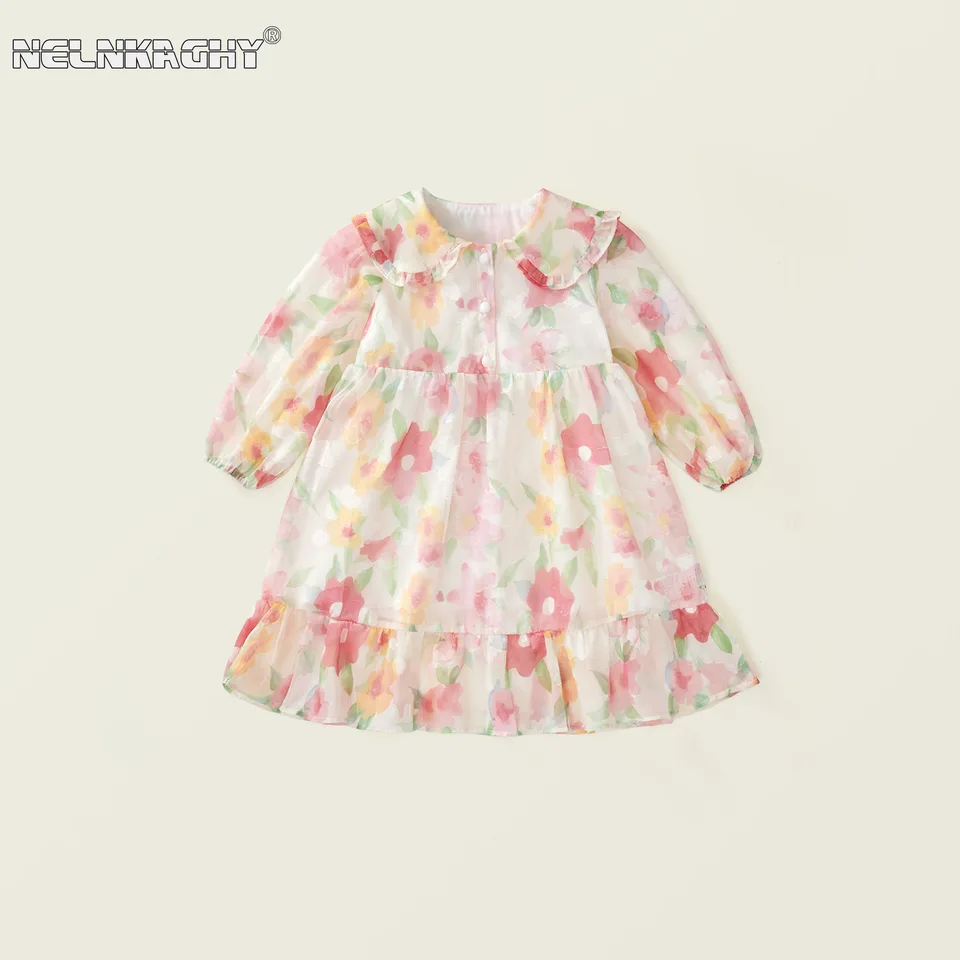 2024 Spring Autumn Kids Dievčatá Dievčatá kvetinové šaty - Kvetinové šaty s plným rukávom Peter Pan Collar Dries, šaty pre batoľatá