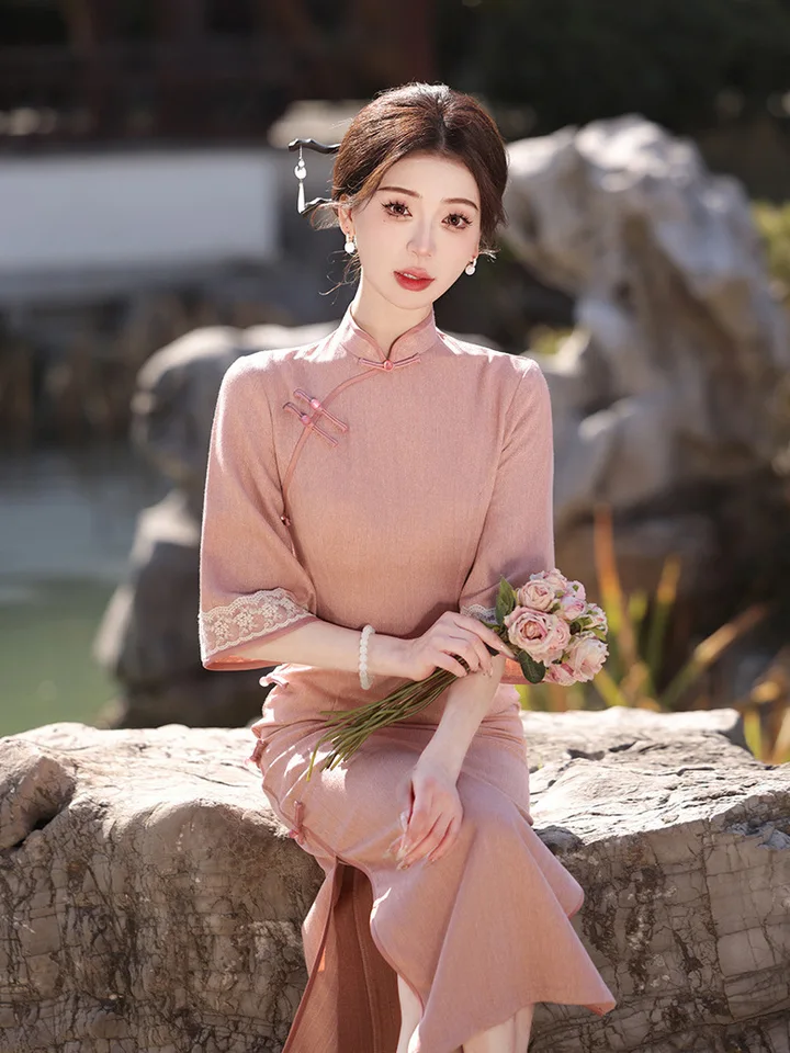 2024 Spring/Summe New Cotton Linen Twill Long Qipao Vintage Elegant Banket Qipao Cheongsam Šaty