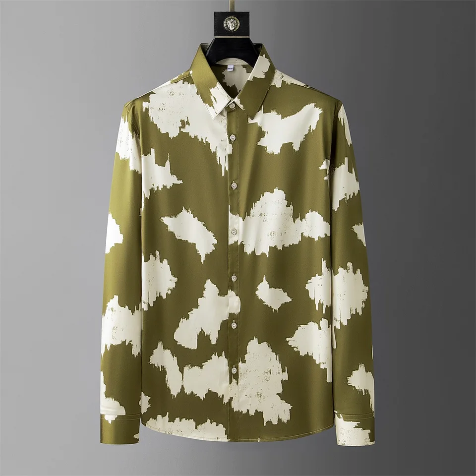 2024 Summer Camouflage Printed Tirls Men Men s dlhým rukávom voľné neformálne košele ľahké obchodné spoločenské košele pre mužov