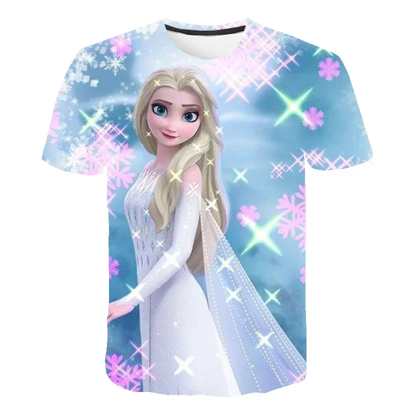 2024 Summer Disney Cartoon Movie Frozen Anna Elsachildren 3D Cartoon Tričko pre dievčatá Tops Tops Tops Cartoon Kids oblečenie