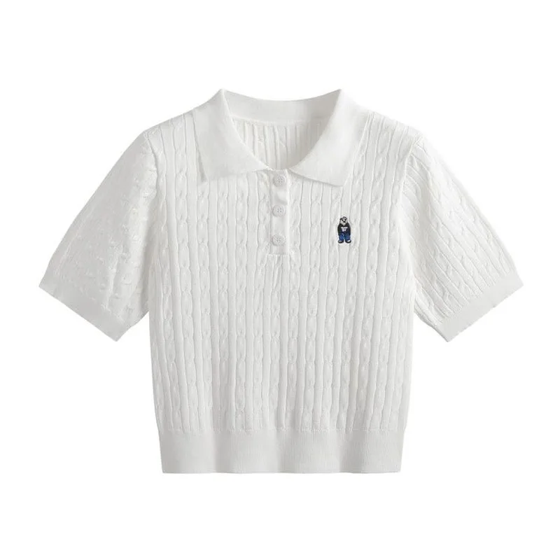 2024 Summer Fashion Lady Ramery Krátke vrchné pletenie sa objavia tenké vyšívanie malého medvedieho polo tričko s krátkym rukávom Tričko s krátkym rukávom