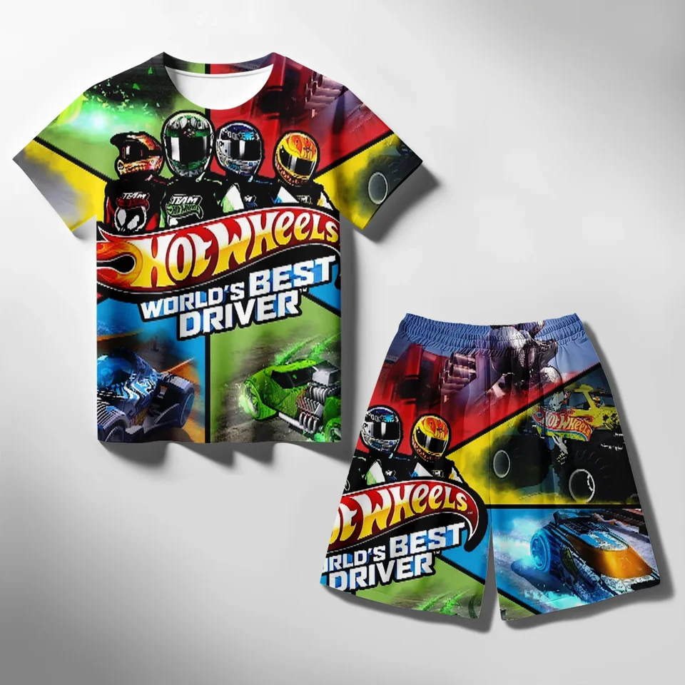 2024 Summer Hot Wheels 3D Print 4-14 rokov Detské chladné chlapci Roztomilé dievčatá polyester krátke rukávy Tričko a šortky