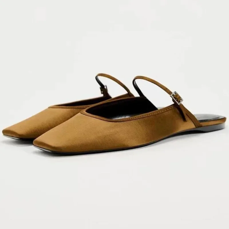 2024 Summer Mules topánky pre ženy luxusné Slik móda Solid Square Toe Casy Lady Flat Sandals Nový dizajn Slingback obuv