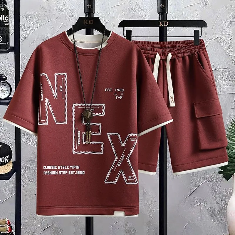 2024 Summer Nový módny športový list tlač veľkú veľkosť scéna Pánske príležitostné uvoľnené pohodlné priedušné dvojdielne set M-4xl