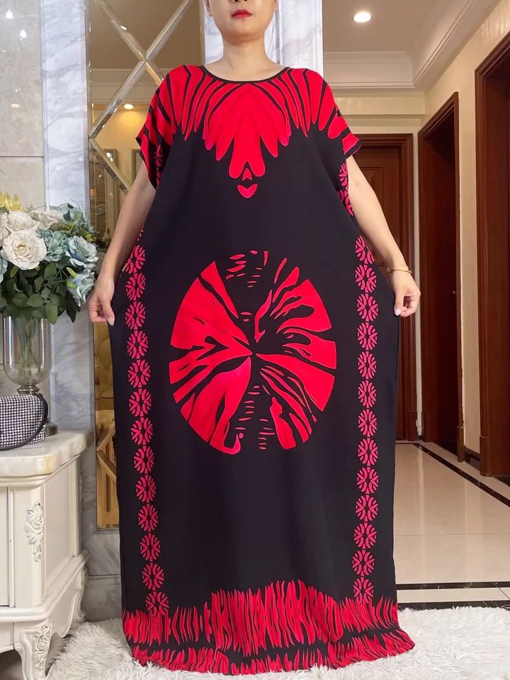 2024 Summer s krátkym rukávom šaty bavlnená tlač boubou maxi islam Ženy femme šaty s veľkým šatkou africké voľné oblečenie