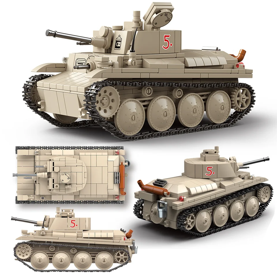 2024 SVETOVÁ VOJNA VOJNA VOJNA VOJENSKÁ VOJENSKÁ VOJENSKÝ Vojaci Nemecký 38-T F-TYPE Light Tank Model Building Blocks Blocks Detský darček pre domácich majstrov