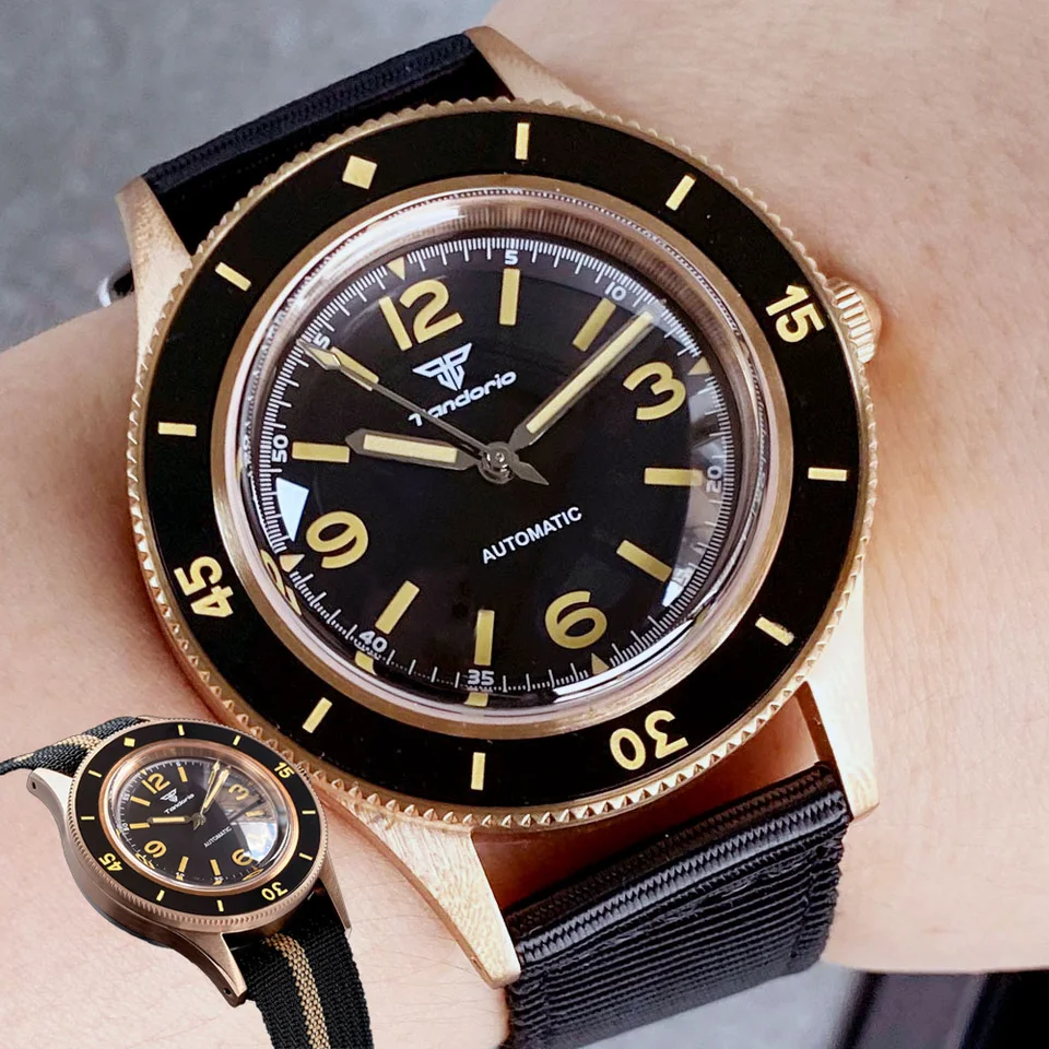 2024 Tandorio Nový 40 mm vintage pilot Cusn8 bronz NH35A PT5000 20ATM SAPPHIRE Svetel Automatické automatické mechanické pánske hodinky