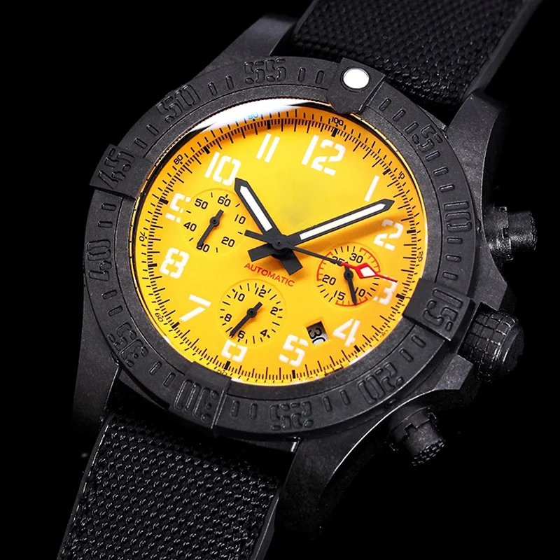 2024 Texture uhlíkových vlákien Avengers Night Mission Fashion Casy Chronograph Watch Yellow 44 mm vodotesné mechanické mužské hodinky