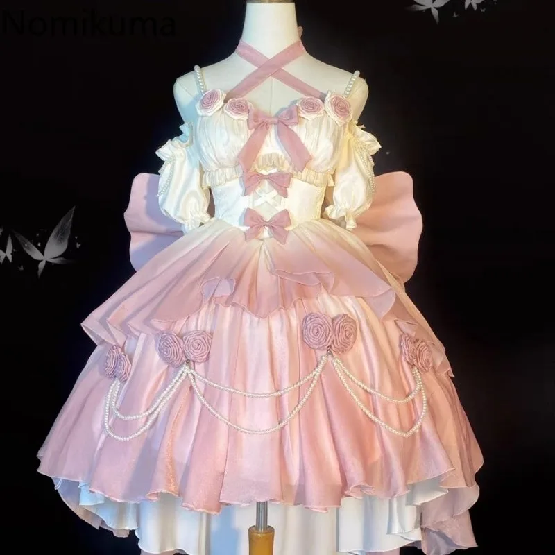 2024 Vestidos de Mujer Sladké šaty pre ženy móda lolita móda japonský rúcho femme korálky Dutiny Out 3D kvetinové roztomilé šaty