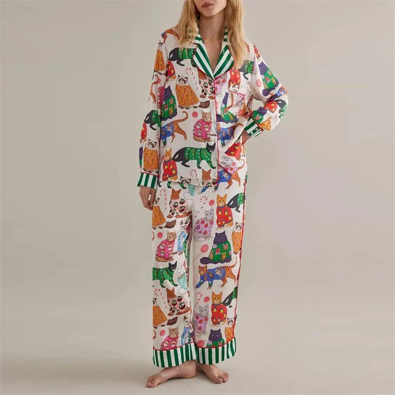 2024 vianočné luskáčiky pyžamy pre ženy nastavené roztomilé kreslené vzory s dlhým rukávom Button Down Tirla s nohavicami Loungewear