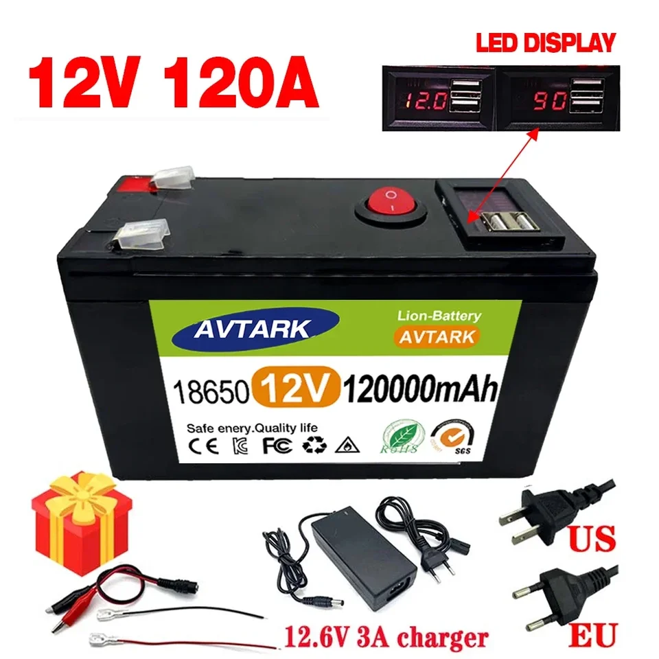 2024 Vylepšené 12 V 120000 mAh Prenosné nabíjateľné nabíjateľné batérie vstavané 5V 2.1A USB Power Display Nabíjací port s +12,6 V nabíjačkou