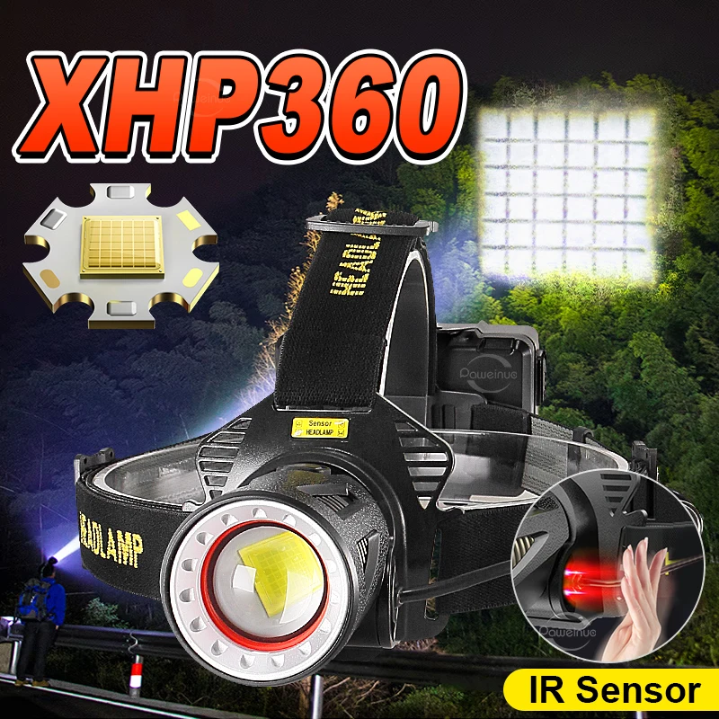 2024 XHP360 Výkonná LED svetlomet s dlhým dosahom Zväčšenie Núdzového svetlomet Prenosná vonkajšia hlavová lampa Fishing Light Power Displej