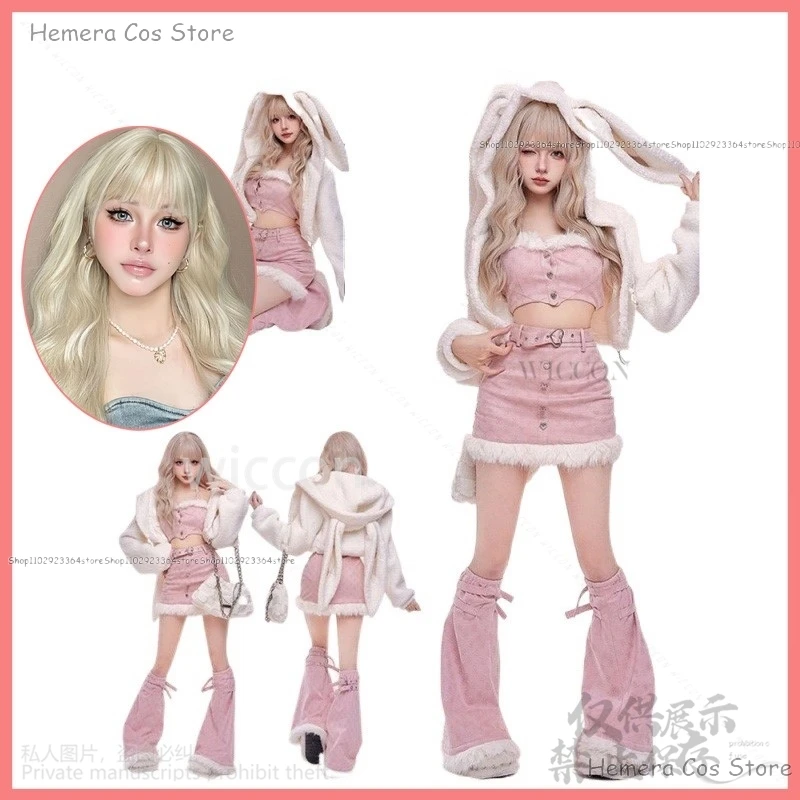 2024 y2k japonské dievčatá Cosplay anime kostým sladké roztomilé králičie uši mikiny topy sexy ružové sukne kawaii teplejšie prispôsobené prispôsobené