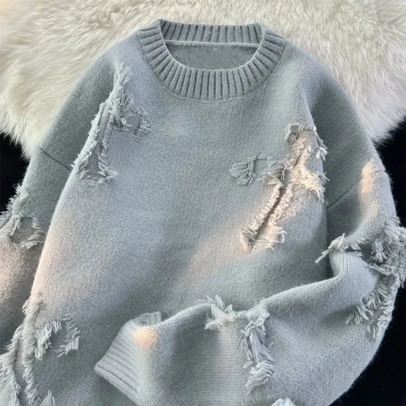 2024 Y2K Streetwear Sweater Men Nové retro otvor Fringed Sweater uvoľnený všestranný plech