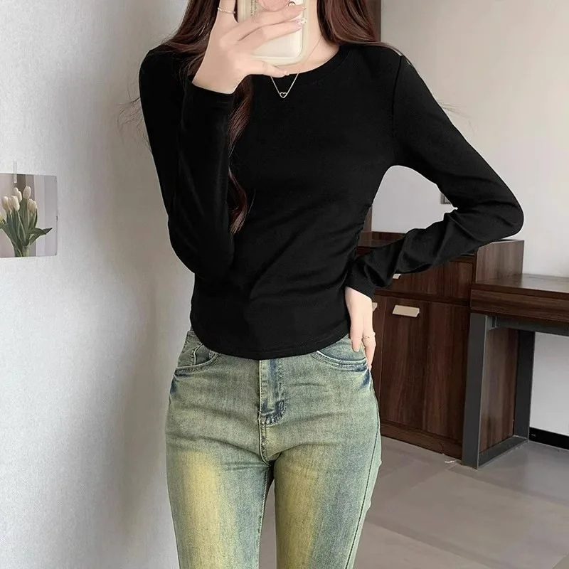 2024 Zimné rukávy zimné KPOP Tričko Ženy Slim Autumn Vintage y2k tričko Žena japonská kórejská módna čierna šaty vrcholy