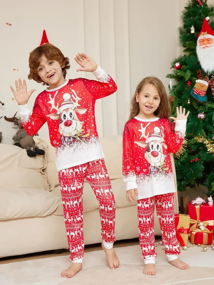 2024 ZIMNÉ TODDLER BOKY Dievčatá pyžamy karikatúra Elk Print 2 ks obleky Detské oblečenie dieťa Romper PJS Kids Soft Sleewear