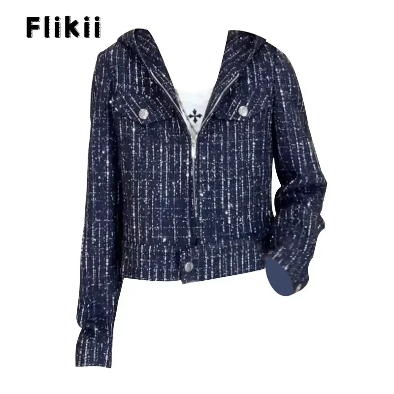 2024 Zimné ženské oblečenie vintage štýl Blue Zipper Bunda pre ženy retro kancelárska lady Plaid Tlač módu luxusný kabát s kabátom