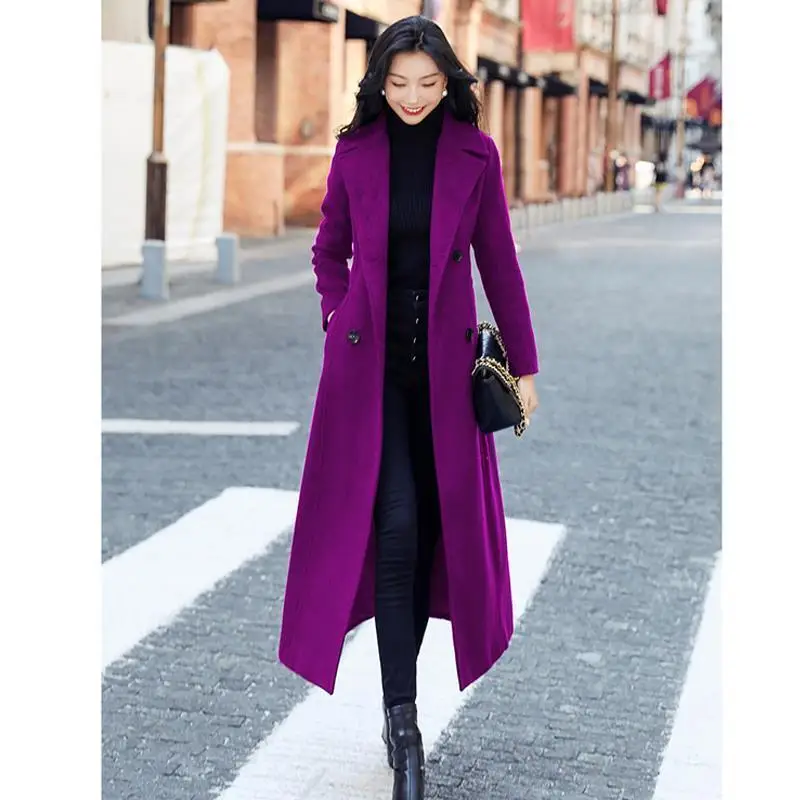 2024 Ženská nová kórejská verzia Zhruba kolena dĺžka vlnený kabát, dámsky extra dlhý pás, zimná stredná dĺžka štíhly vlnený kabát