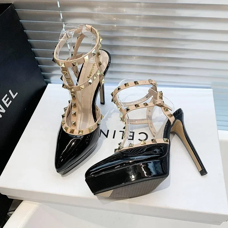 2024 Ženy Nightclub Summer 12,5 cm Hight podpätky 2,5 cm Platforma Pumps Sandals Pink Party Sexy Drag Queen Dancer Rockstud Shoes Shoes