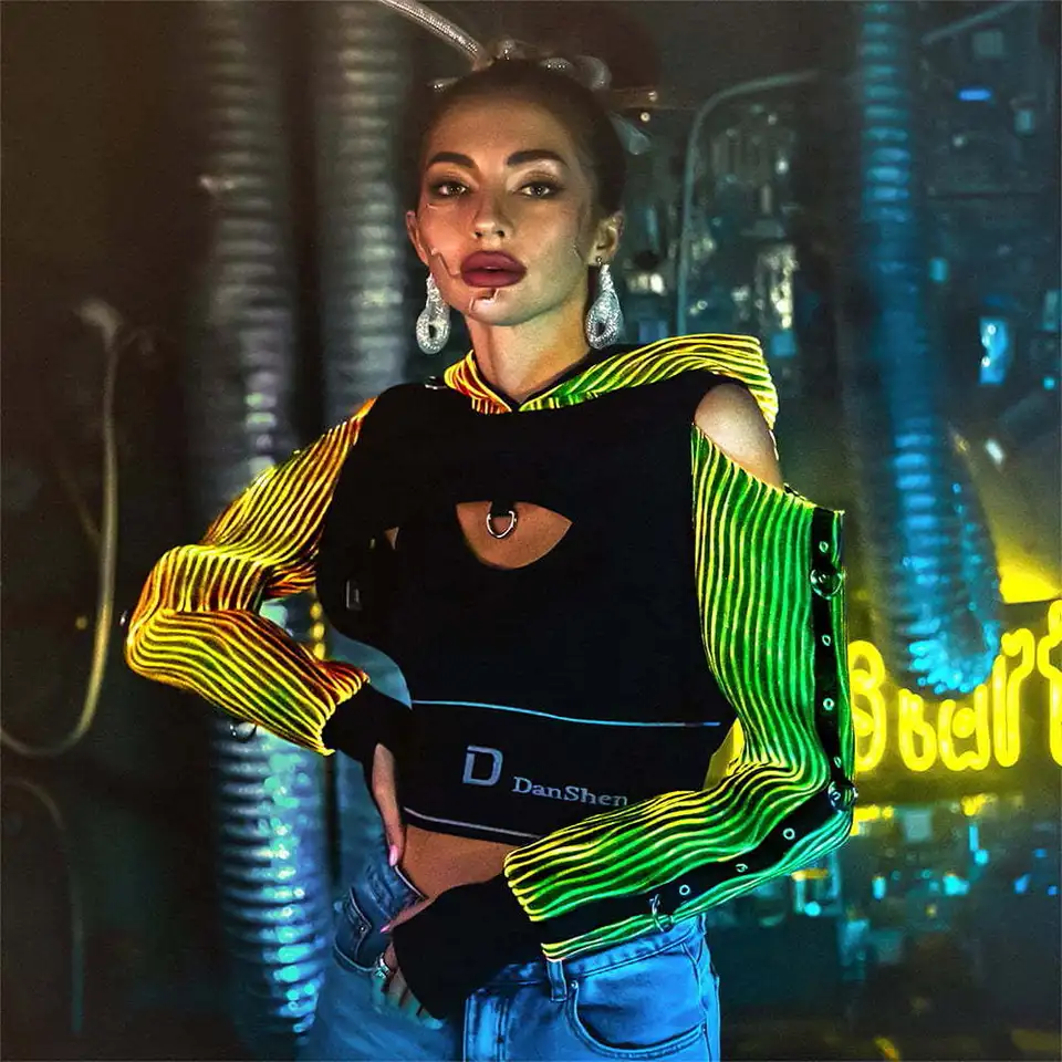 2024 Ženy Punk štýl farebné LED LED LIMINE HOWING TOPS Y2K High Street Night Night Optické vlákno tkanina nočné klub Cosplay kostým Cosplay