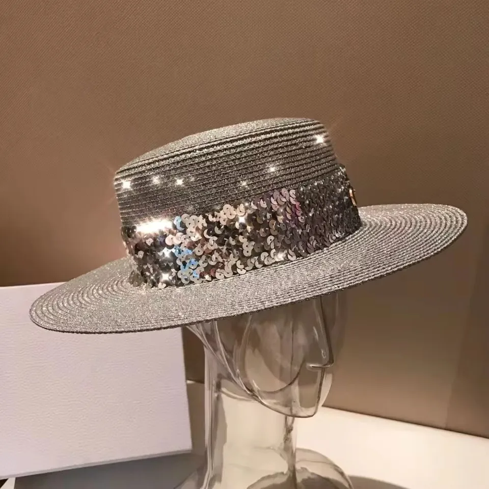 202407-shi ins elegantné letné zmiešané trávne pletenie zo zlata strieborná priadza Flitre Beach Fedoras Cap Men Ženy voľný čas jazzový klobúk
