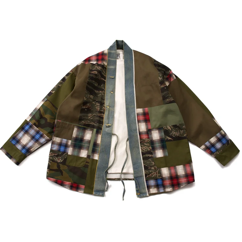 2024SS High Street Fashion Vintage Patchwork Bunda Denim Denim Taoist Coat Y2K Traf Streetwear Pánske oblečenie