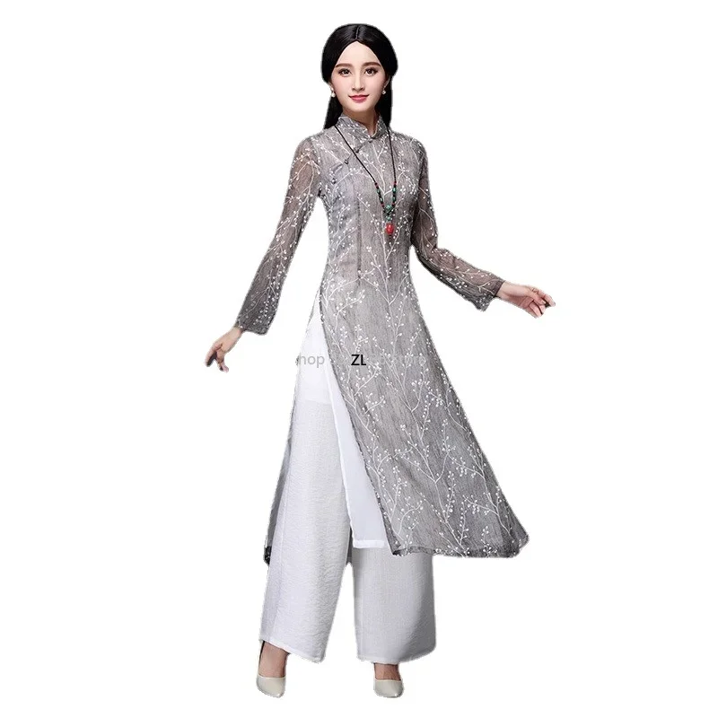 2025 Aodai Vietnam cheongsam qi pao čínske šaty pre ženy tradičné bavlnené ľan