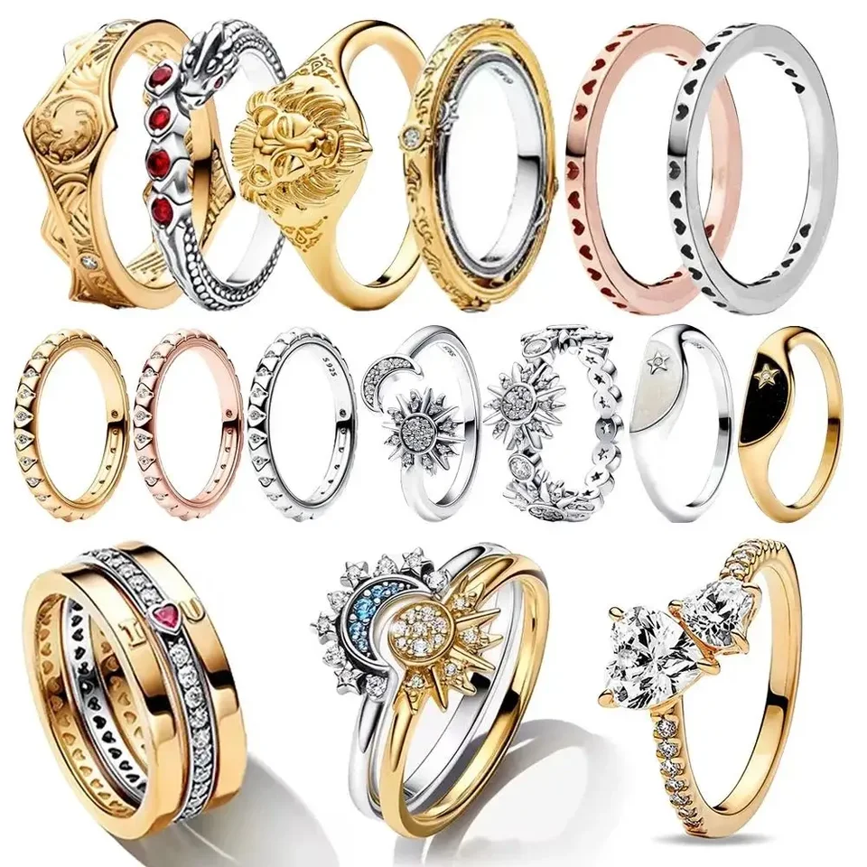 2025 Classics 925 Sterling Silver Sun Moon & Love & Double Hearts & Dragon & Crown Lion Ring Ring Neutrálny prsteň