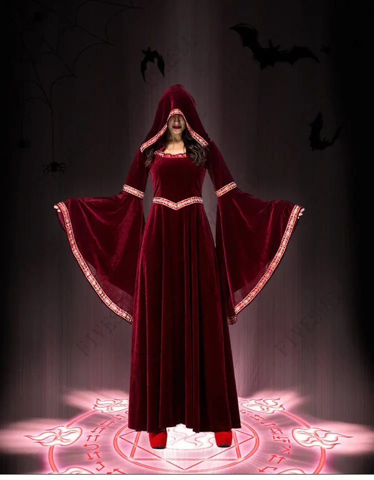 2025 Deluxe Women Stredoveké cosplay upíre Halloween kostýmy dospelých gotické kapucňu čarodejnice dlhé párty šaty