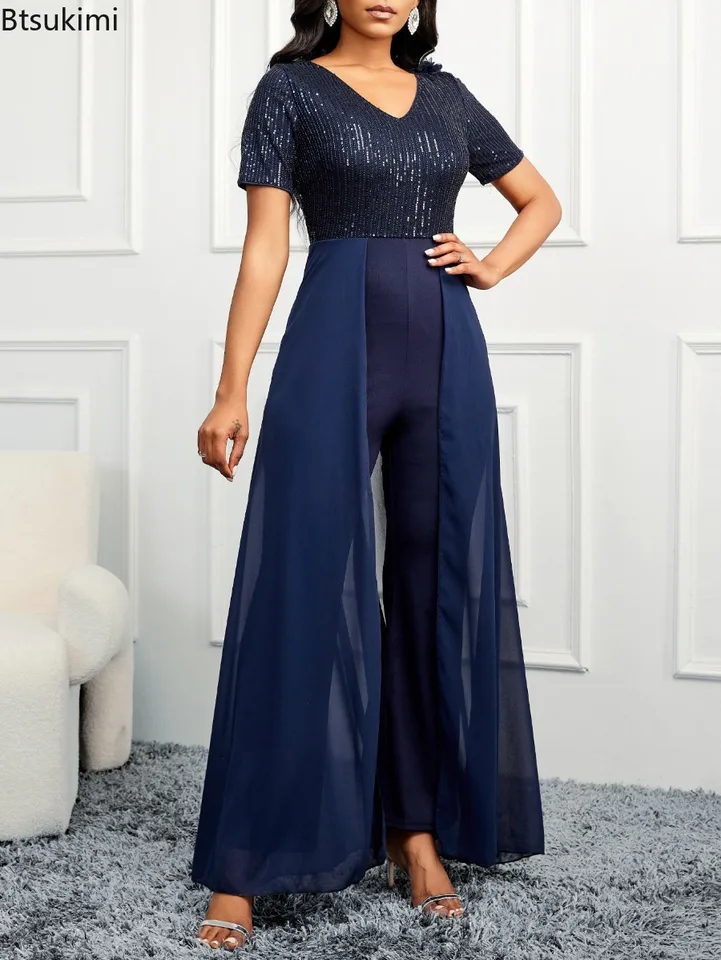 2025 Dámska letná elegantná elegantná kombinéza lesklé flotiny V-krk Lady Sexy Slim Fit Perfect Cocktail Party Banket compsuits Rompers