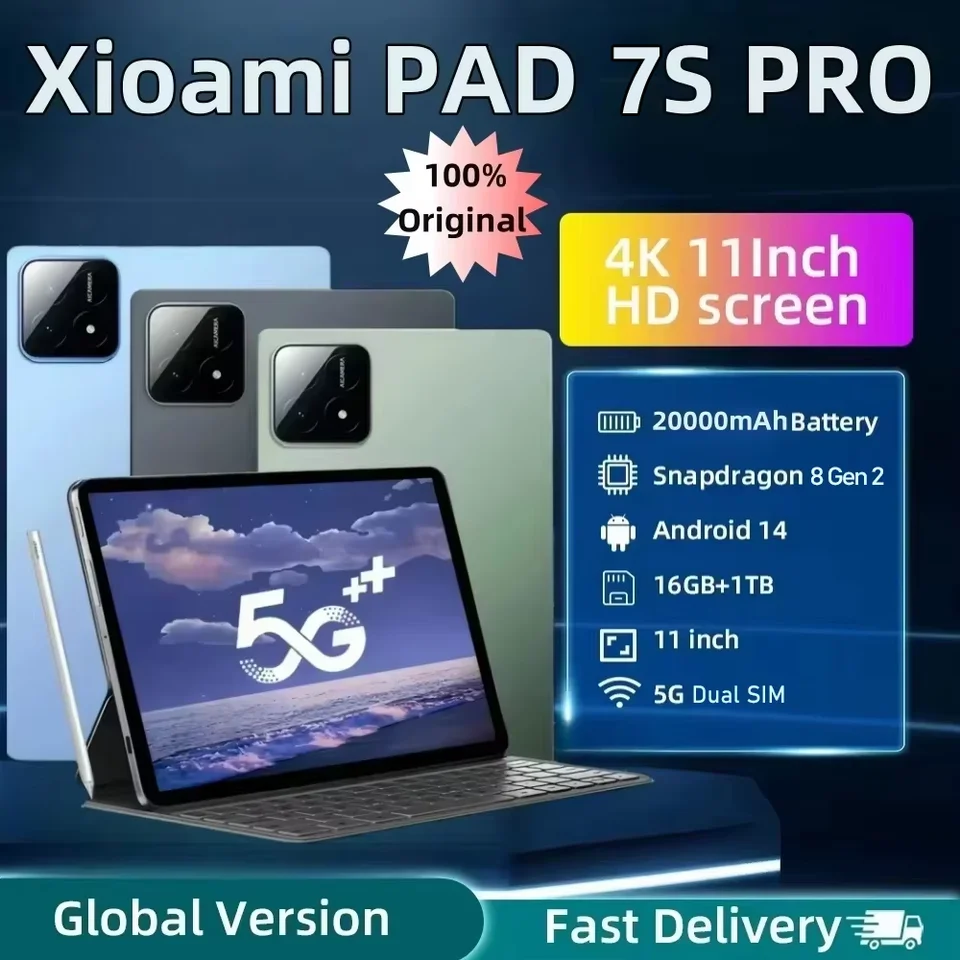 2025 Globálna verzia Pad 7S Pro Originálny Android 14 Tablety 11inch 22 GB+1TB 20000MAH 5G Dual SIM Bluetooth WiFi Tablet PC HD 4K