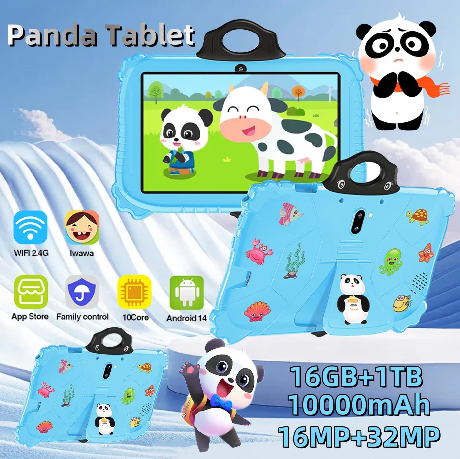 2025 Globálny model Android 14 10,1-palcový detský tablet Panda Tablet 16 GB RAM 1TB ROM Bluetooth 5.0 5G GPS 16MP + 32MP Darčeky Populárne tablety