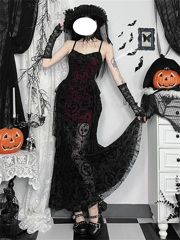 2025 Halloween gotické midi dlhé plášťa dámske šaty elegantné sexy sieť