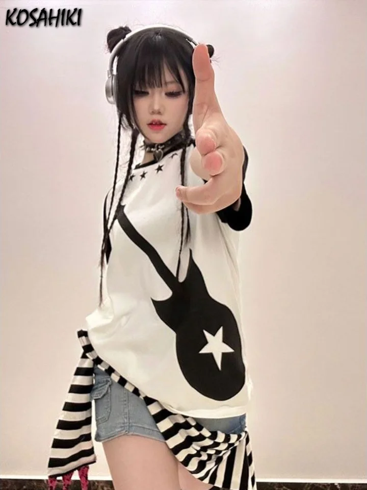 2025 Harajuku tlačené patchwork tričko Grunge Ženy Kórejské móda o krk voľné topy New Y2K estetické tričko s krátkym rukávom