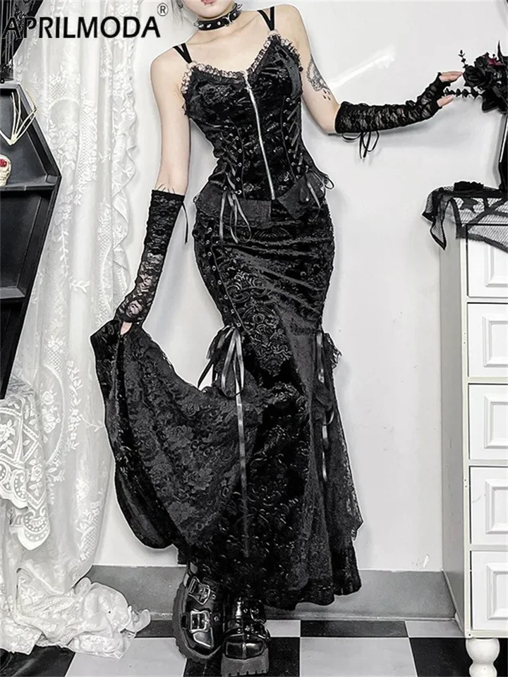 2025 Jeseň 2ks grunge harajuku súpravy čipky nepravidelné midi dlhé morská panna sukňa Velvet špagety popruhy vrcholy sexy outfit pre ženy