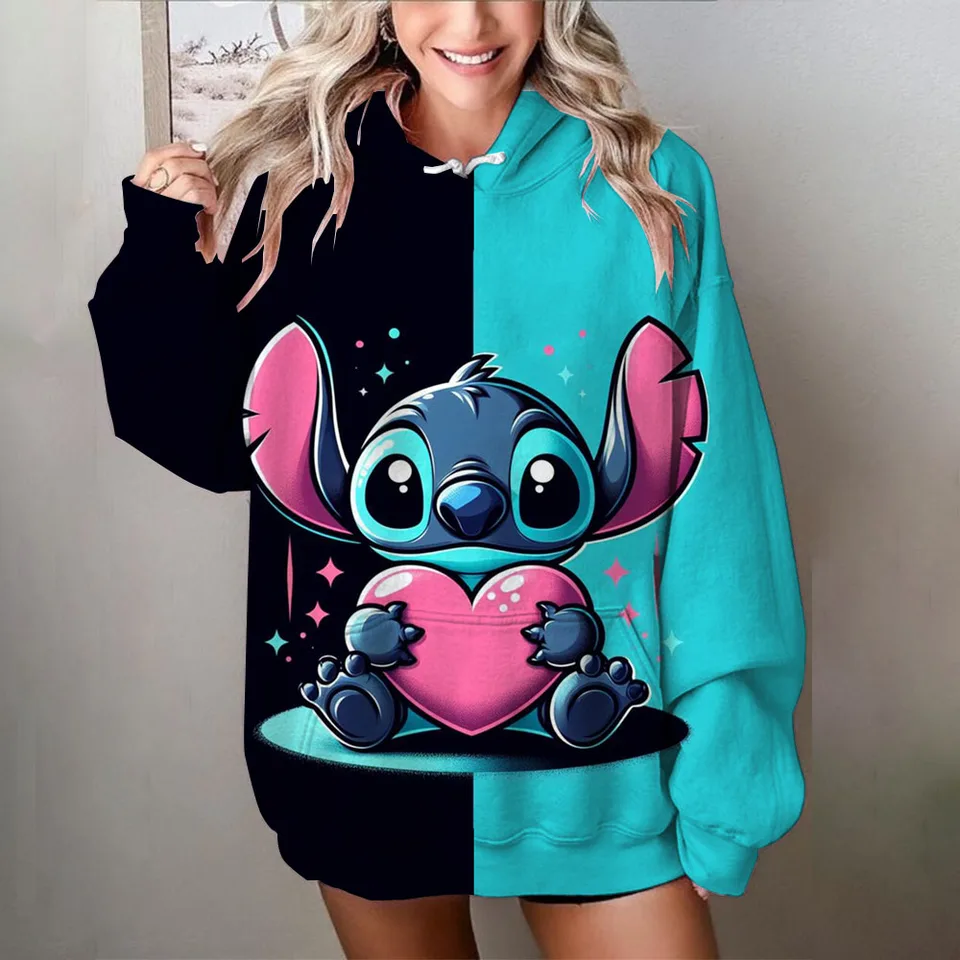 2025 Jeseň a zima Nové príležitostné voľné dámske dámske dámske rukávy Disney Stitch Cartoon Print Round Crck Univerzálne kapucňa top ženy