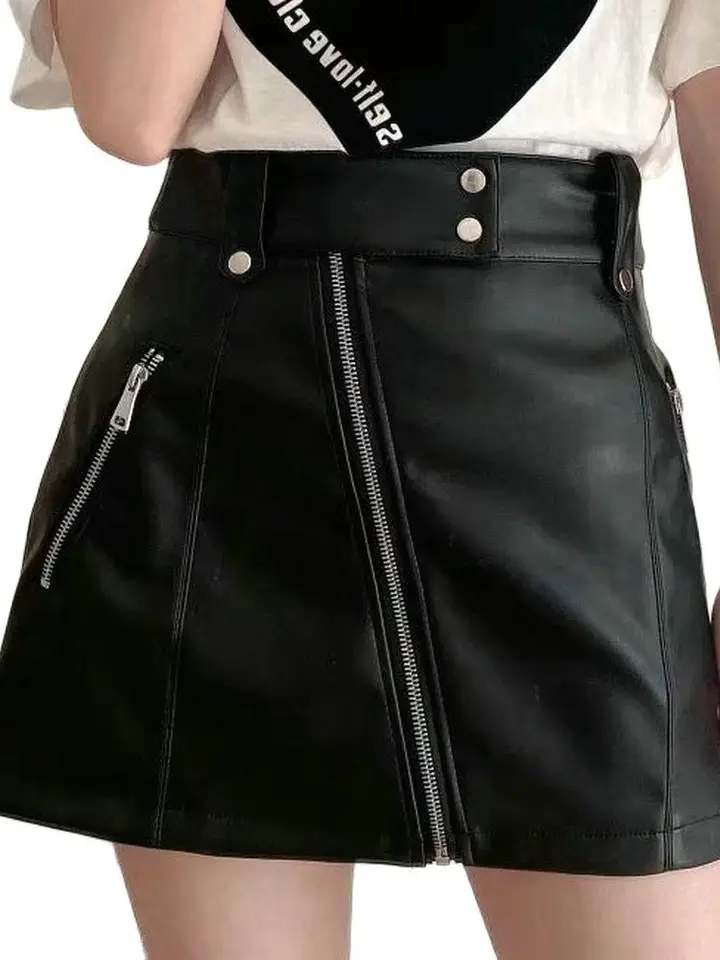 2025 Jeseň Winter Women Fashion A-Line Faux Leather Pu Mini Empire Sukne Žena ulica Čierny vreckový zips zips