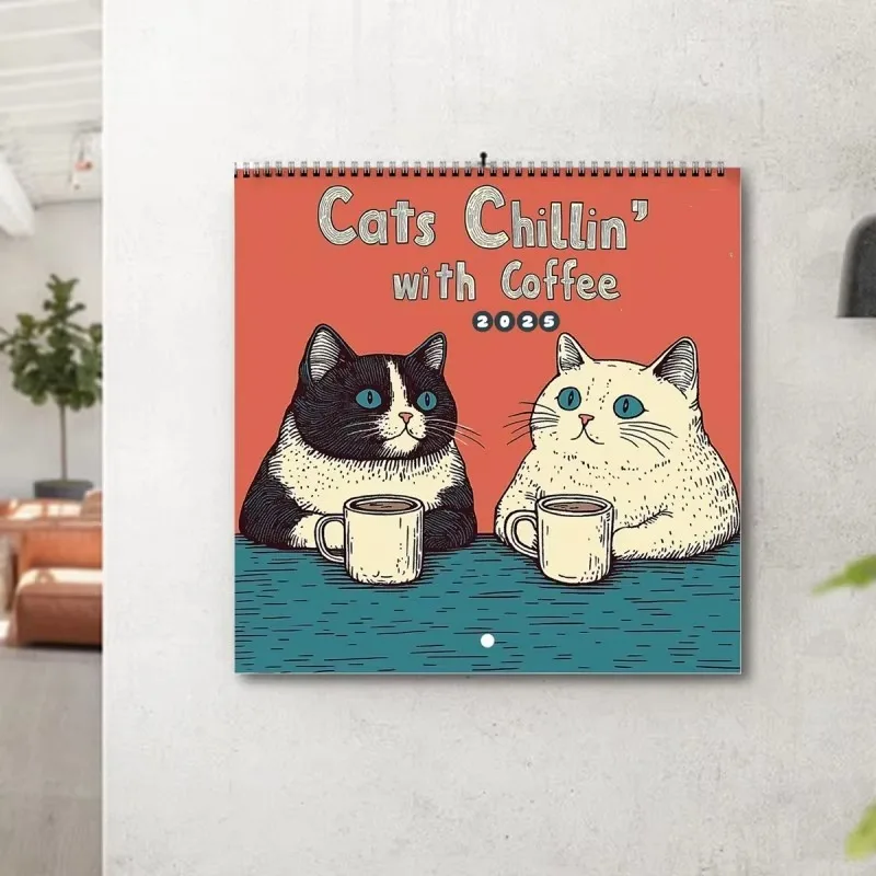 2025 Kalendár mačiek - Cats Chillin 's kávou 2025 mačiek a káva Príležitostný kalendár Čiernobiela kalendár mačky