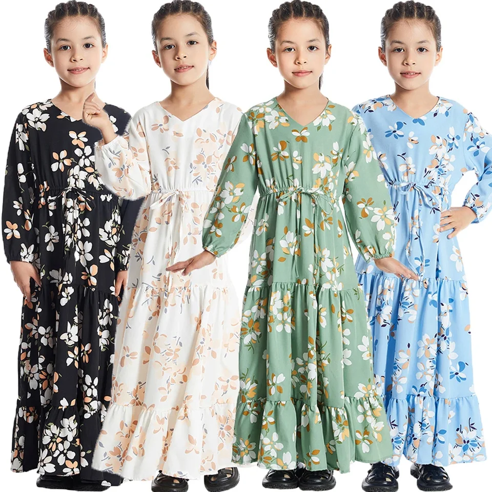 2025 Kvetinová tlač ABAYAS pre deti Dievčatá Moslimské deti s dlhým rukávom Šaty Islamské oblečenie Dubaj turecké rúcho arabské šaty Kaftan
