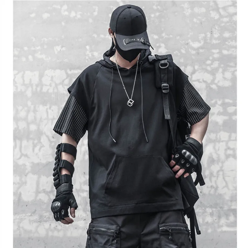 2025 Letný pruh falošný dvojdielny punk hip hop s krátkym rukávom tričko Men Dámske technowear štýl vintage s kapucňou Tričko Tops