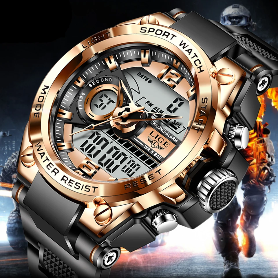 2025 Lige Sport Men Quartz Digital Watch Creatívne potápačské hodinky Men Vodotesné alarmové hodinky Dual Display Clock Relogio Masculino