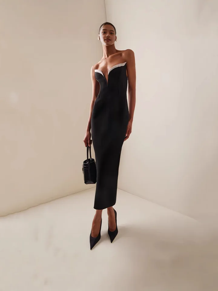 2025 Luxusné ženy celebrity sexy z ramena Beading Čierne šaty Elegantné večerné party klub Vestido
