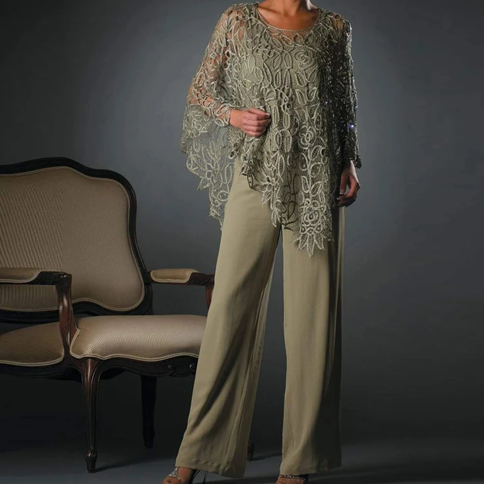 2025 Matka nevesty Pantsuit Evening Dress 3 -Piece Woman Suit s čipkovanými šatníkmi šifónová nohavičky prispôsobené šaty plus veľkosť