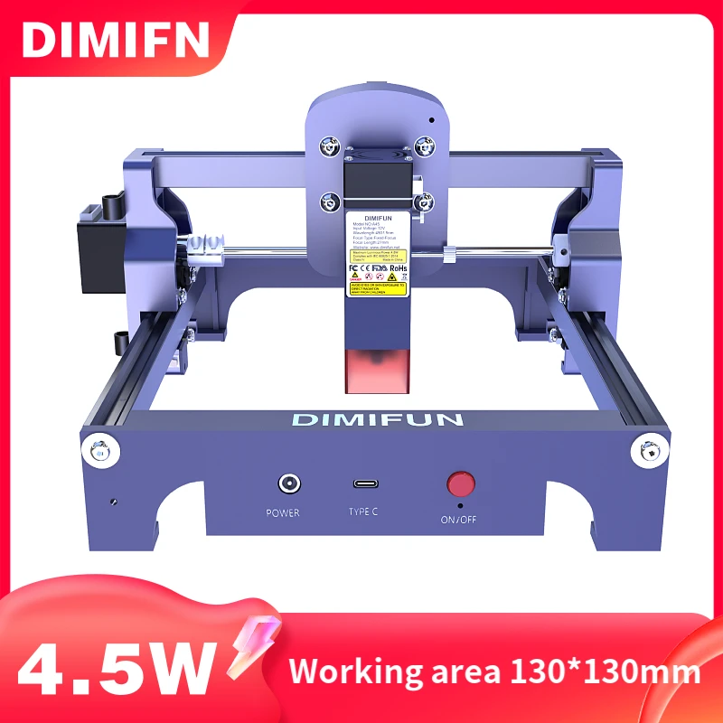 2025 Mini prenosný dimifun 4,5 W vysoký presný laserový gravírovací stroj Modré svetlo CNC akrylové z nehrdzavejúcej ocele Woodworking