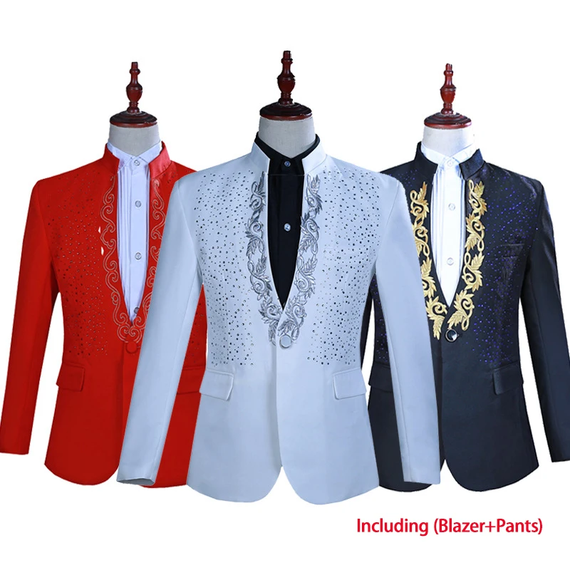 2025 Nová biela /červená /červená /čierna horúca kvetina Hot Diamond Collar Men Set Set, výročné stretnutie hostiteľa Singer Party Performance Dress