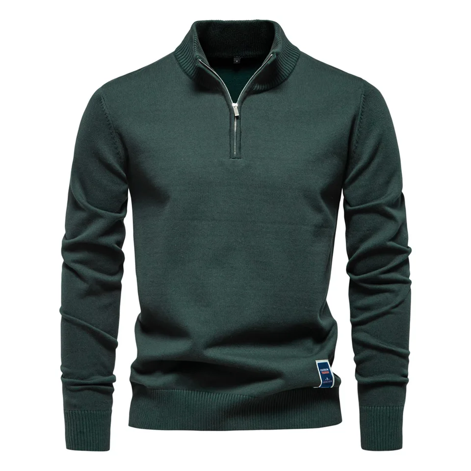 2025 Nová jesenná bavlnená zipsová zips pre mužov módne príležitostné spoločenské muži Sweaters Mock krk pól teplý zimný pletený sveter muži