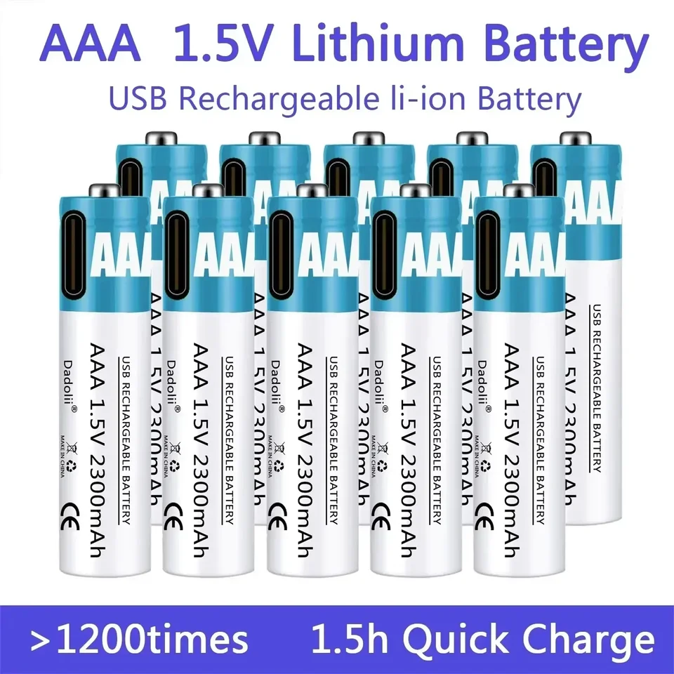 2025 Nové nabíjateľné batérie USB AAA 1,5 V 2300 MAH Li-Ion Battery pre diaľkové ovládacie prvky Mouthelectric Toy Battery + kábel typu C kábla typu C
